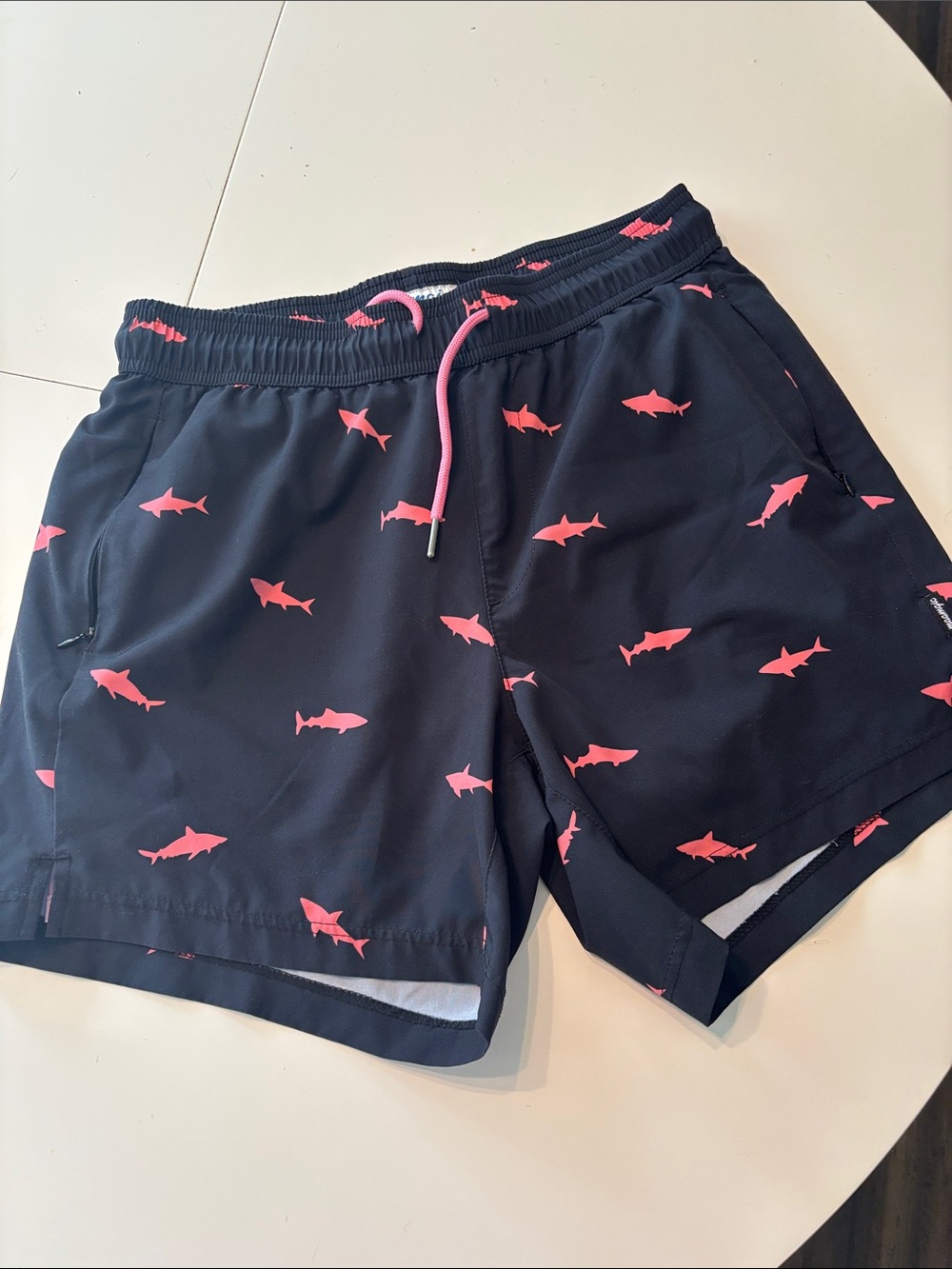 Navy Swim Trunks with Pink Shark Print